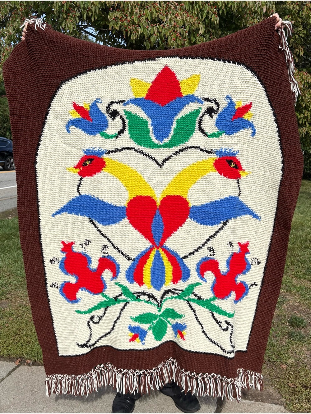 Vintage Pennsylvania Dutch Cottagecore Distelfink Crochet Blanket - Folk Art